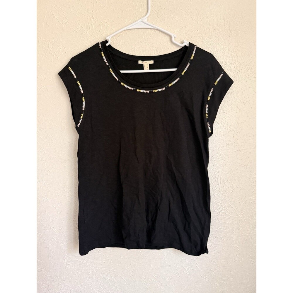 Esprit Women’s Black Cap Sleeve Top Embroidered Trim Size Small